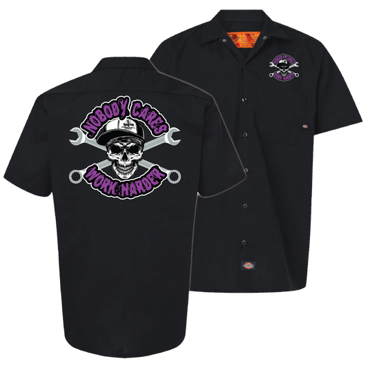 Nobody Cares Purple Logo Short Sleeve Dickies Work Shirt